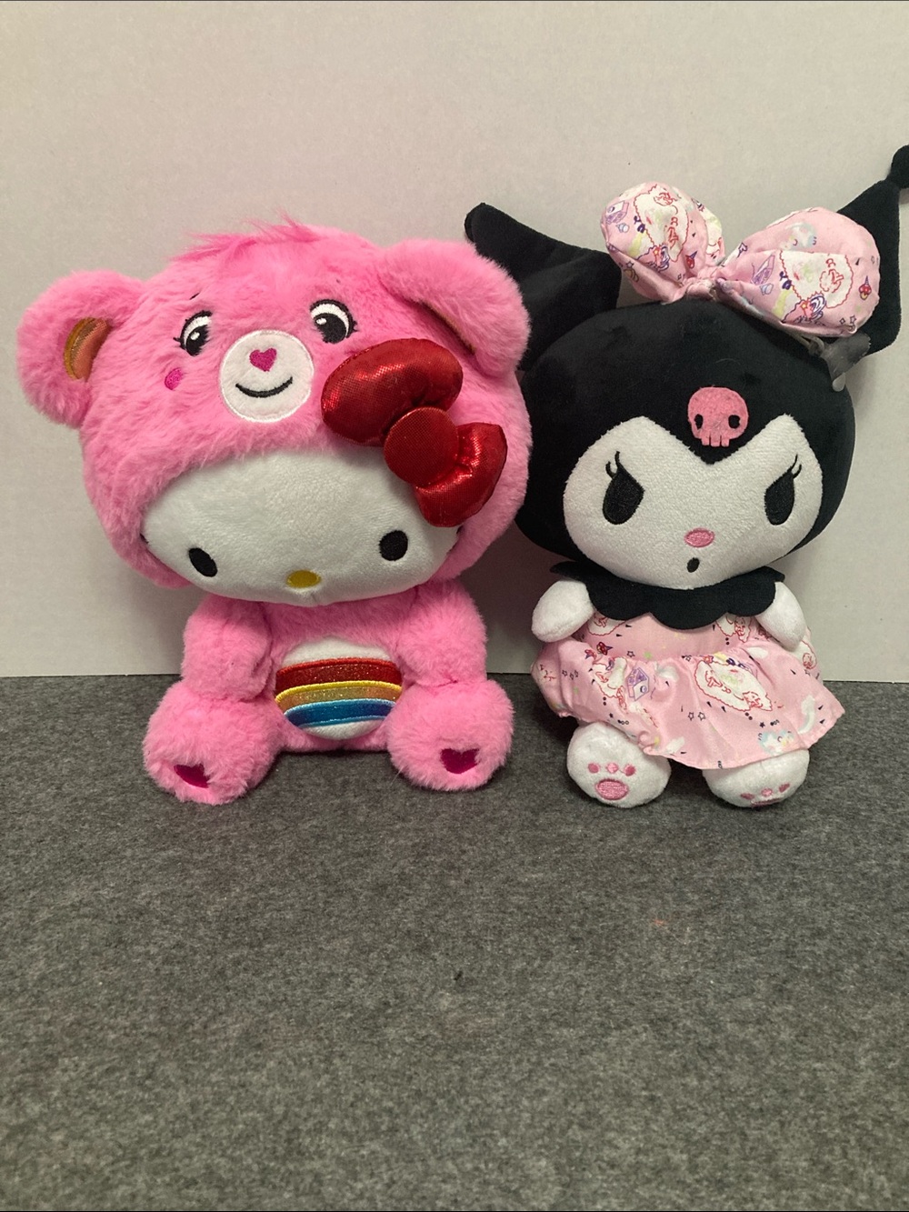 Care Bears Hello Kitty and friend Kuromi plushes